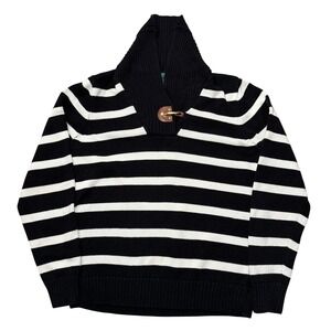 Ralph Lauren Black White Striped Shawl Collar Toggle Sweater Womens XL Knit